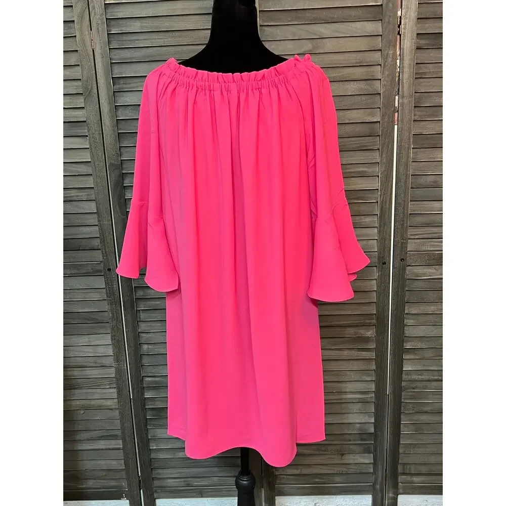 Trina Turk Hot Pink Off Shoulder Bell Sleeve Mini Dress Medium NWT MSRP $258 - Picture 6 of 12